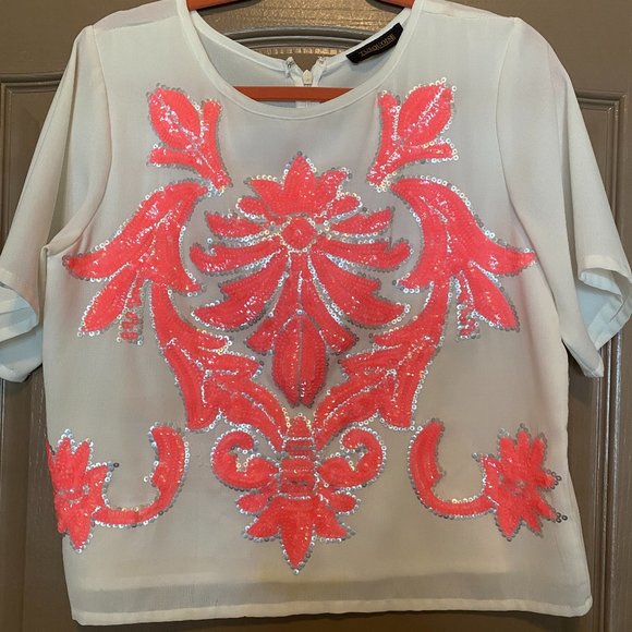 SOLD -  Sequin Detail Hot Pink and White Top - Picture 1 of 5